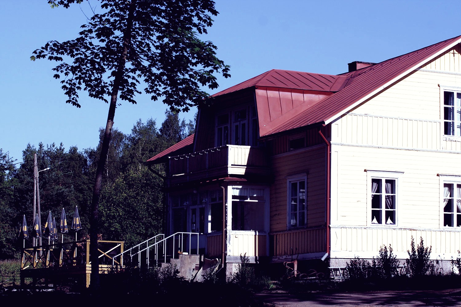 Villa Kosthållin keltainen päärakennus punaisella katolla ja edustalla kasvava puu.
